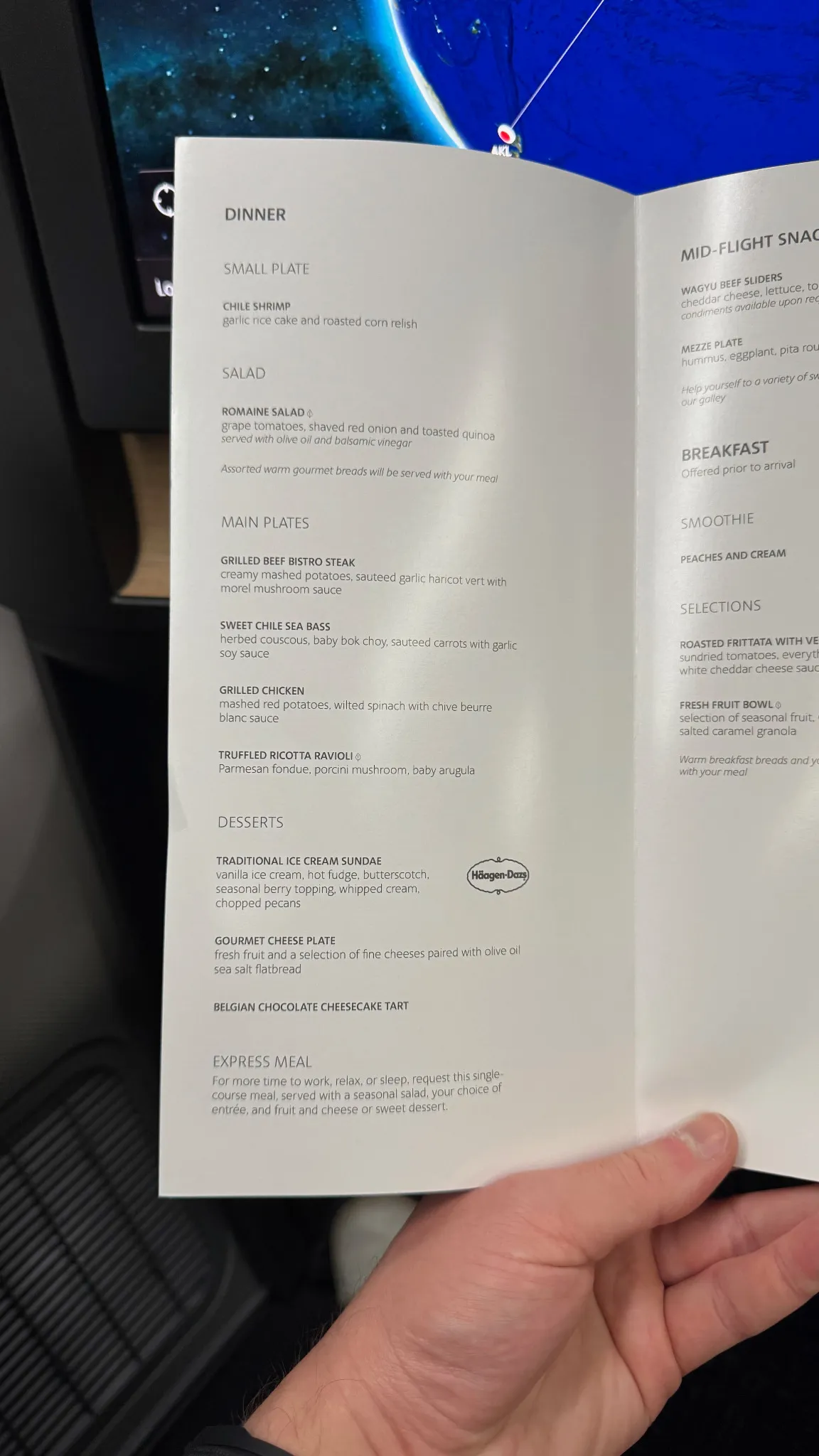 Dinner options included steak, sea bass, chicken and truffled ravioli.