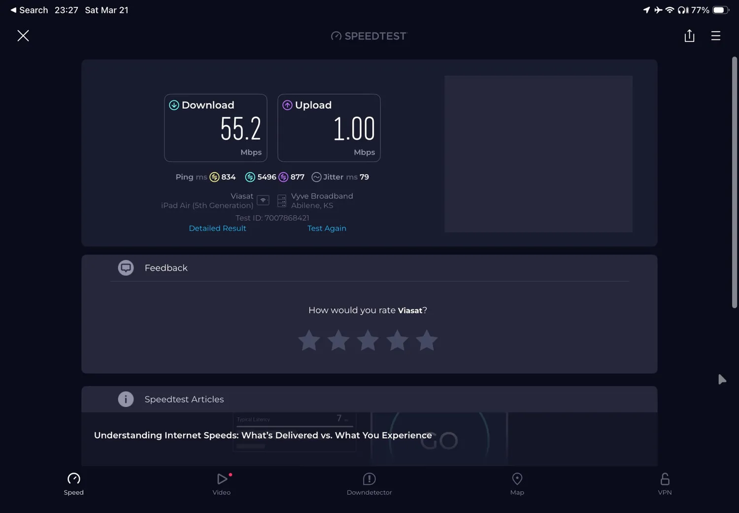 The complimentary Viasat Wi-Fi delivered 55.2 Mbps download and 1.00 Mbps upload in my speed test.