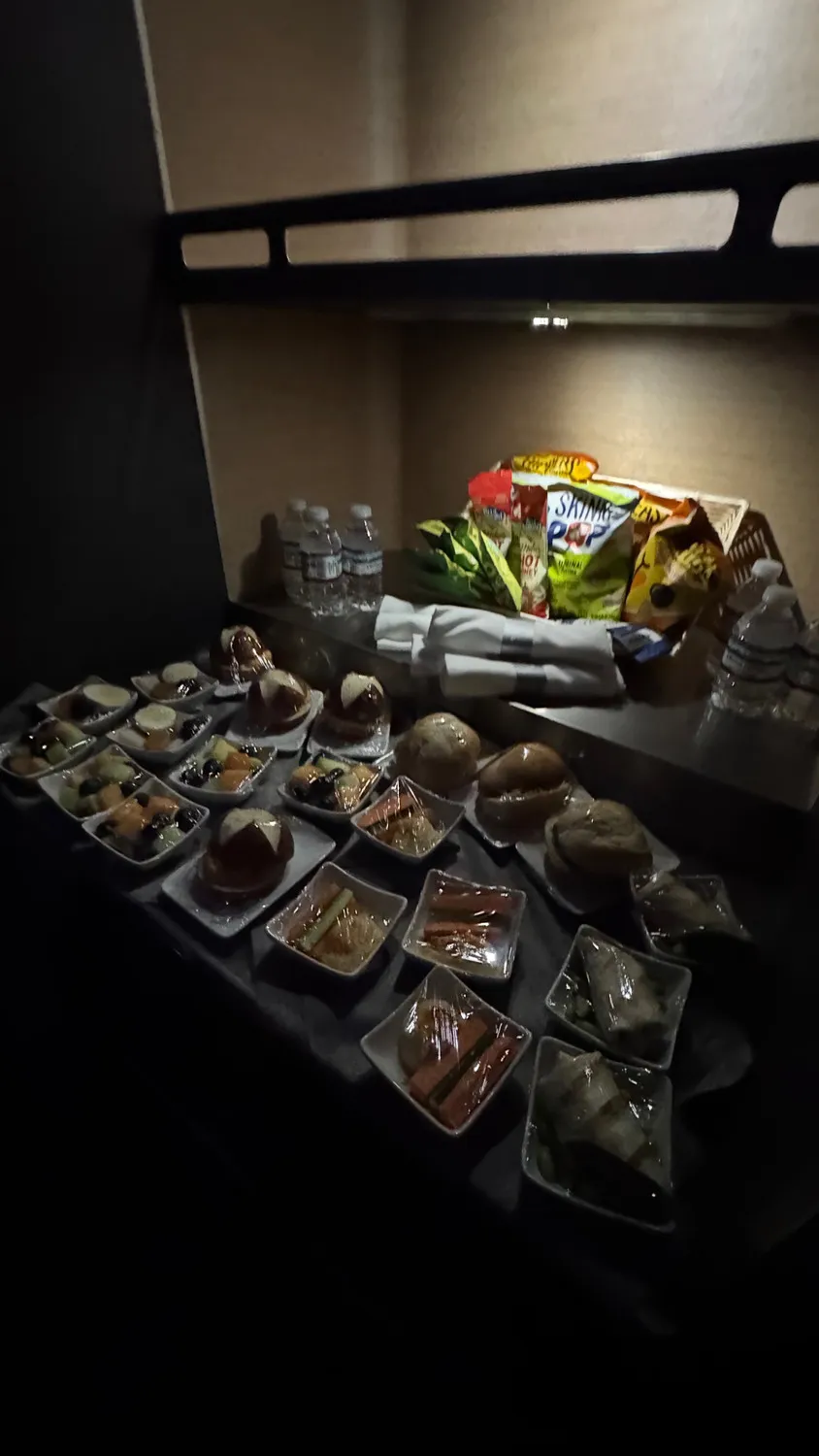 The self-serve galley snack selection included small bites, packaged snacks and bottled water.