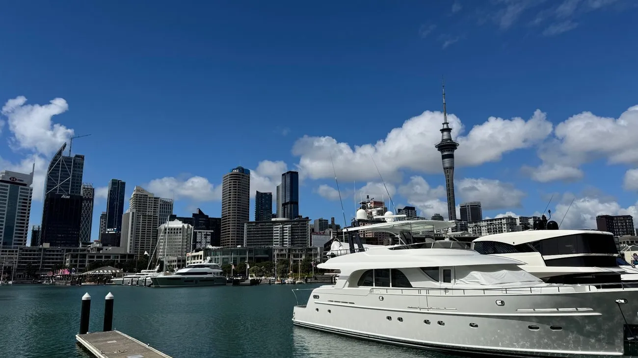 Auckland waterfront with its distinctive harbor skyline.