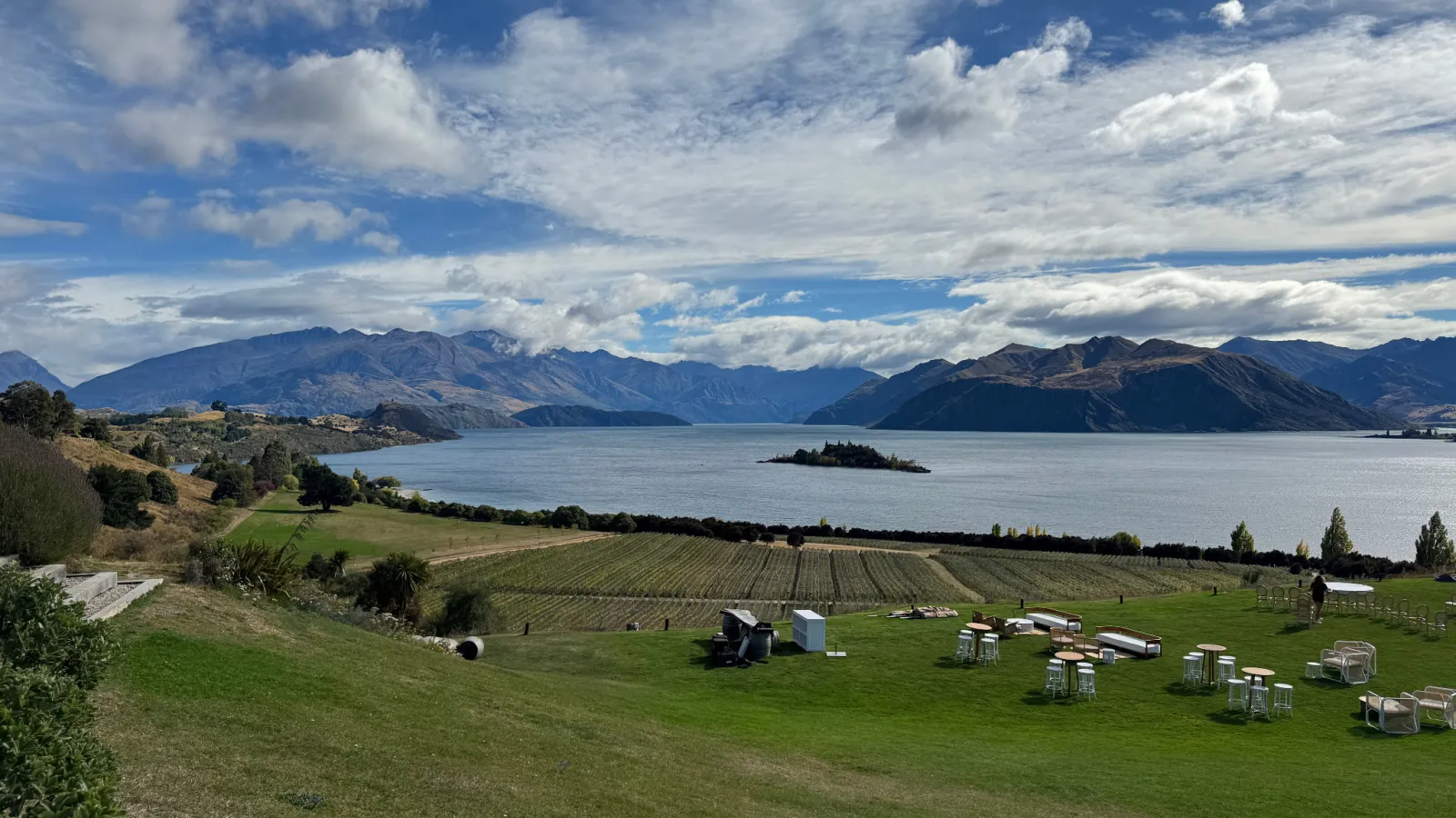 The view across Lake Wānaka from Rippon Winery.